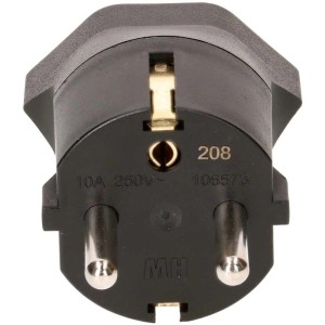Adaptateur fixe Schuko Type13 noir, 3 pôles pour prises suisses en Allemagne.