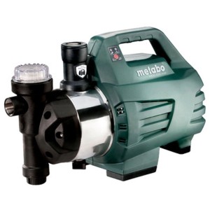 Metabo Hauswasserautomat HWAI 4500 Inox, grüne Elektropumpe mit Edelstahlgehäuse, Filter und Tragegriff.