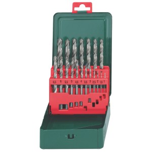 Coffret de forets Metabo HSS-G, 19 pièces, dans un boîtier métallique vert avec support rouge.