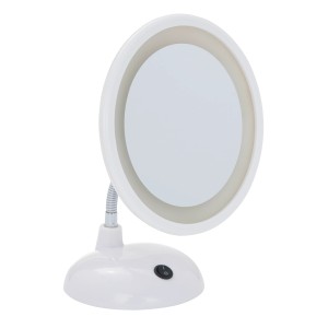 Miroir cosmétique sur pied Wenko LED Style, blanc avec col de cygne et grossissement 3x.
