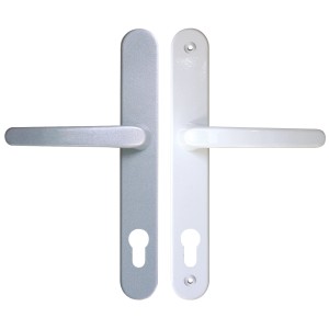 Ensemble de poignées de porte Roro Compact, blanc/argent, pour accessoires de porte. Plaque longue avec poignée en blanc et argent.