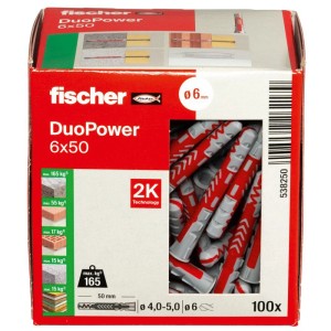 Boîte de chevilles universelles Fischer DuoPower 6x50 mm, 100 pièces, rouge/gris.