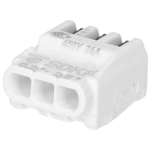 Morsetto a 3 poli senza viti SDKF in bianco-antracite per installazione elettrica.