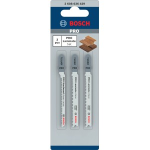 Set di lame per seghetto alternativo Bosch, 3 pezzi, per laminato, legno e materiali abrasivi.