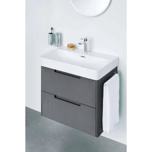 Vasque Laufen Pro X en céramique blanche avec meuble sous-vasque gris à deux tiroirs. Idéal pour WC invités.