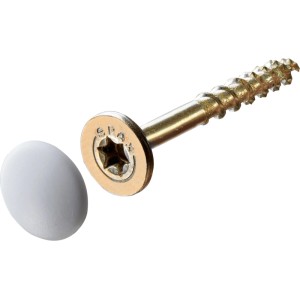Vis Hettich pour corps de meuble T20 dorée avec cache blanc pour assemblage. Kit 16 mm.