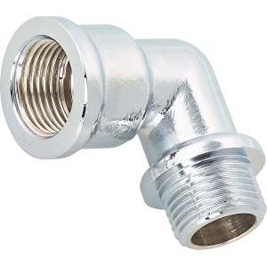Raccordo a gomito filettato in ottone cromato (Rp 3/8 x R 3/8) per impianti idraulici e di riscaldamento.