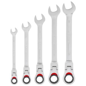Set chiavi combinate a cricchetto Einhell, 5 pezzi, misure 10-19 mm, testa flessibile.