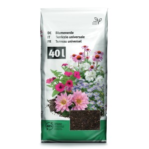 Sac de terreau universel sans tourbe 40L avec motif floral, pour jardin et balcon.