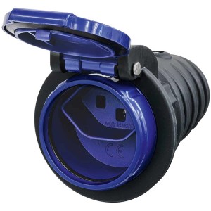 Raccord T23, plastique, anthracite-bleu, IP55, pour fiches et goupilles, avec couvercle ouvert.