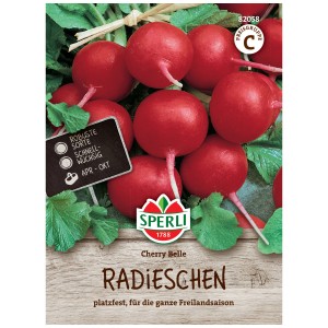 Graines de radis Sperli Cherry Belle : Radis rouge vif et rond sur le paquet de graines.