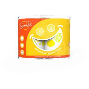 Essuie-tout Smile 2 épaisseurs, 2 rouleaux de 100 feuilles, emballage jaune motif citron.