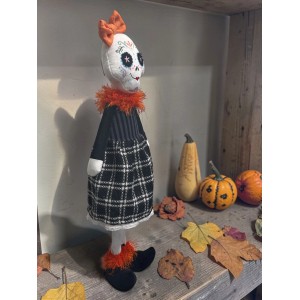 Decorazione Halloween fantasma donna, 75cm, bianco/nero, design sugar skull con gonna a quadri.