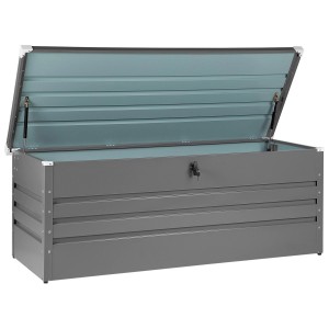 Geöffnete, graue Beliani Auflagenbox Cebrosa aus Stahl, 63x165x70 cm. Universalbox mit abschliessbarem Deckel.