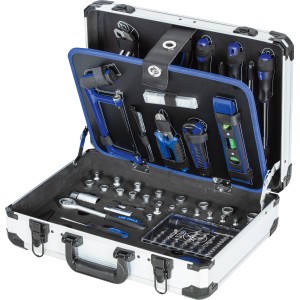 Mallette à outils LUX ouverte en aluminium avec 129 pièces, incluant clés, pinces et marteau.