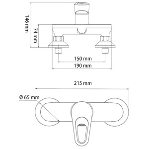 Disegno tecnico del miscelatore doccia Aurlane Black Classic in nero opaco con dimensioni.