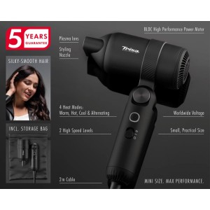 Sèche-cheveux Trisa Ionic-T Bold noir pliable avec accessoires. Sèche-cheveux de voyage compact avec technologie ionique.