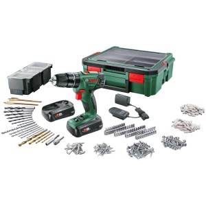 Set avvitatore a percussione a batteria Bosch PSB 1800 LI-2 con accessori e valigetta.