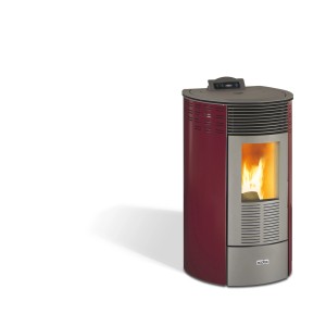 Poêle à granulés Ecofox rond bordeaux avec fenêtre et granulés en combustion.