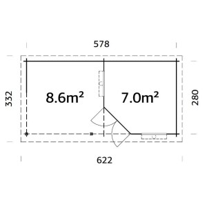 Pianta Alpholz casetta da giardino Carl-28, tetto a una falda, 622x332 cm, non trattata. Casetta da giardino in legno con indicazioni di superficie.