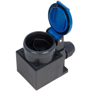 Prise en saillie Steffen T13, IP55, bleu-anthracite, avec couvercle à charnière ouvert.