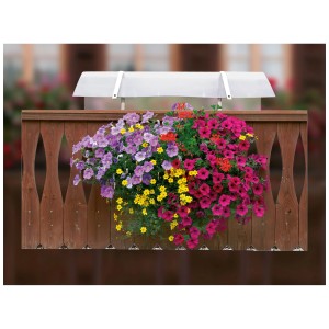 Toit de protection Neogard pour jardinière (70-100cm) avec des fleurs colorées sur un balcon en bois.