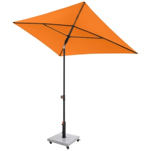 Rechteckiger Doppler Myzone Sonnenschirm in Orange-Anthrazit, neigbar, auf grauem Ständer. Ideal für Balkon.