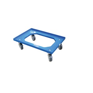 Chariot de transport bleu Euronorm 60x40 cm avec quatre roues pour bacs Euro jusqu'à 250 kg.