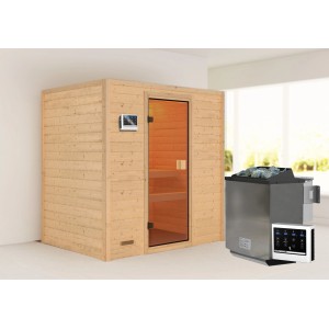 Sauna Woodfeeling Selena con stufa bio e porta in vetro, sauna in legno massello per ore di relax.