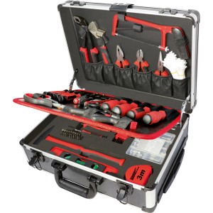 Trolley à outils LUX en aluminium ouvert, 299 pièces, avec assortiment d'outils.