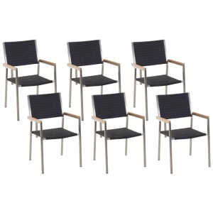 Set di sedie da giardino Beliani Grosseto, 6 sedie in polyrattan nero con telaio in acciaio inossidabile e braccioli in legno sintetico.