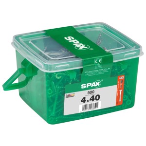 Viti universali Spax 4x40 mm, 500 pezzi in contenitore verde con coperchio trasparente.