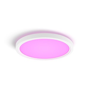 Pannello LED Philips Hue Tento rotondo bianco con luce colorata, montato a soffitto.