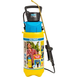 Gloria AutoPump Set, pulvérisateur à pression jaune avec pompe à batterie et lance en laiton.