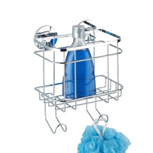 Panier mural Wenko Turbo-Loc avec crochets, acier inoxydable brillant, avec gel douche et éponge de bain.