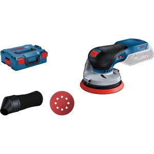 Ponceuse excentrique sans fil Bosch Professional GEX 18V-125 Solo avec L-Boxx, feuille abrasive et sac à poussière.