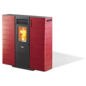 Poêle à granulés canalisable Ecofox Pegaso Slim 8 bordeaux avec flamme.