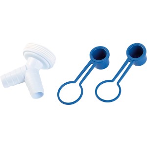 Double raccord blanc 47,8 mm avec deux bouchons bleus pour raccordements de siphon.