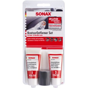 Sonax Kit anti-rayures pour peinture auto, incluant des polishs et des tampons abrasifs.