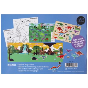 I Am Creative Stick-and-Play-Buch Dino A5 mit Dinosaurier-Motiven und wiederverwendbaren Stickern.