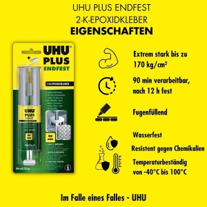 Uhu Plus Endfest adesivo epossidico bicomponente in siringa a doppia camera, 25g, per carichi elevati.