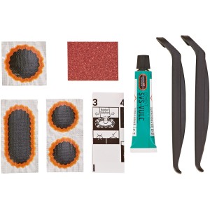 Kit riparazione Tip-Top con levagomme per riparazioni bici: toppe, mastice, carta vetrata, leve.