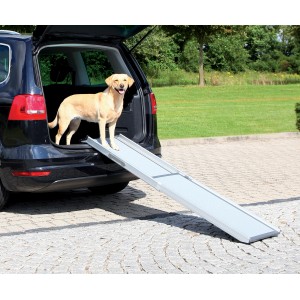 Rampa telescopica per cani Trixie Petwalk grigia su auto con cane.