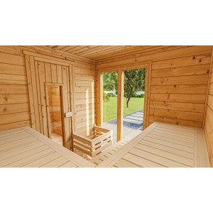 Vue intérieure du sauna Weka Farsund avec sas, fenêtre panoramique et banquettes en bois clair.