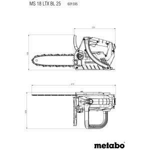 Dessin technique de la tronçonneuse sans fil Metabo MS 18 LTX BL 25. Vue latérale avec dimensions de la tronçonneuse 18V.