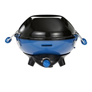 Grill a gas blu Party Grill 400 CV con coperchio nero e tre gambe.