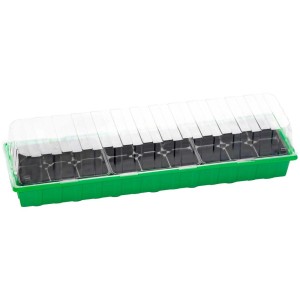 Serre d'intérieur OBI avec 18 godets, plateau vert, couvercle transparent.