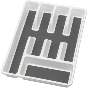 Portaposate Wenko bianco con 5 scomparti e rivestimento antiscivolo per cassetti cucina.