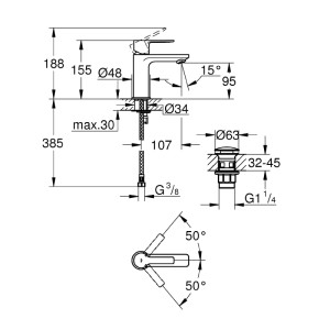 Disegno tecnico: Miscelatore lavabo Grohe Lineare XS, cromo, con dimensioni.