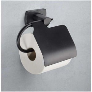 Porta carta igienica Diaqua Biasca nero opaco con coperchio per montaggio a parete.